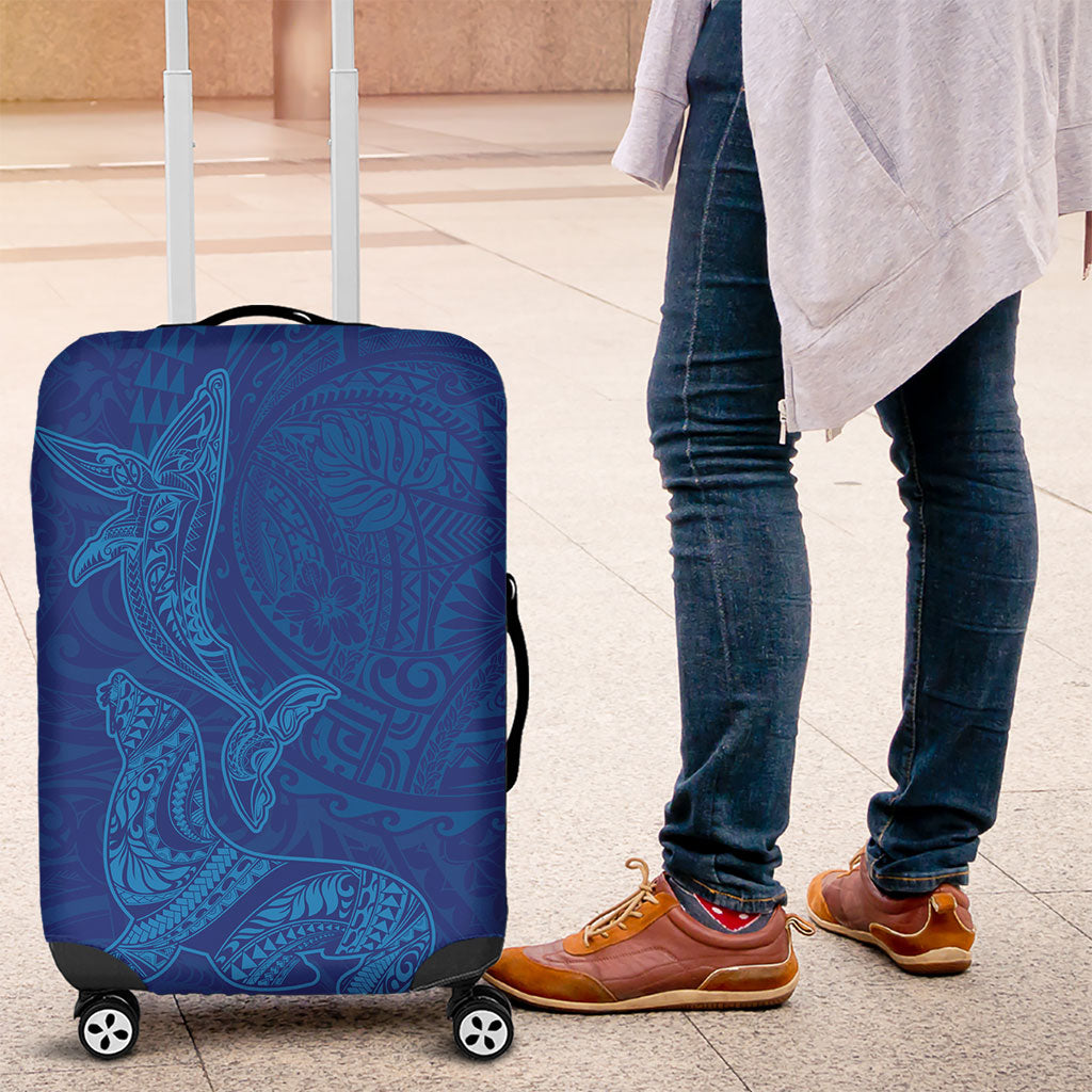 Hawaiian Monk Seal and Whale Luggage Cover Kakau Tribal Pattern Blue Color