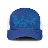 Hawaiian Monk Seal and Whale Mesh Trucker Cap Kakau Tribal Pattern Blue Color