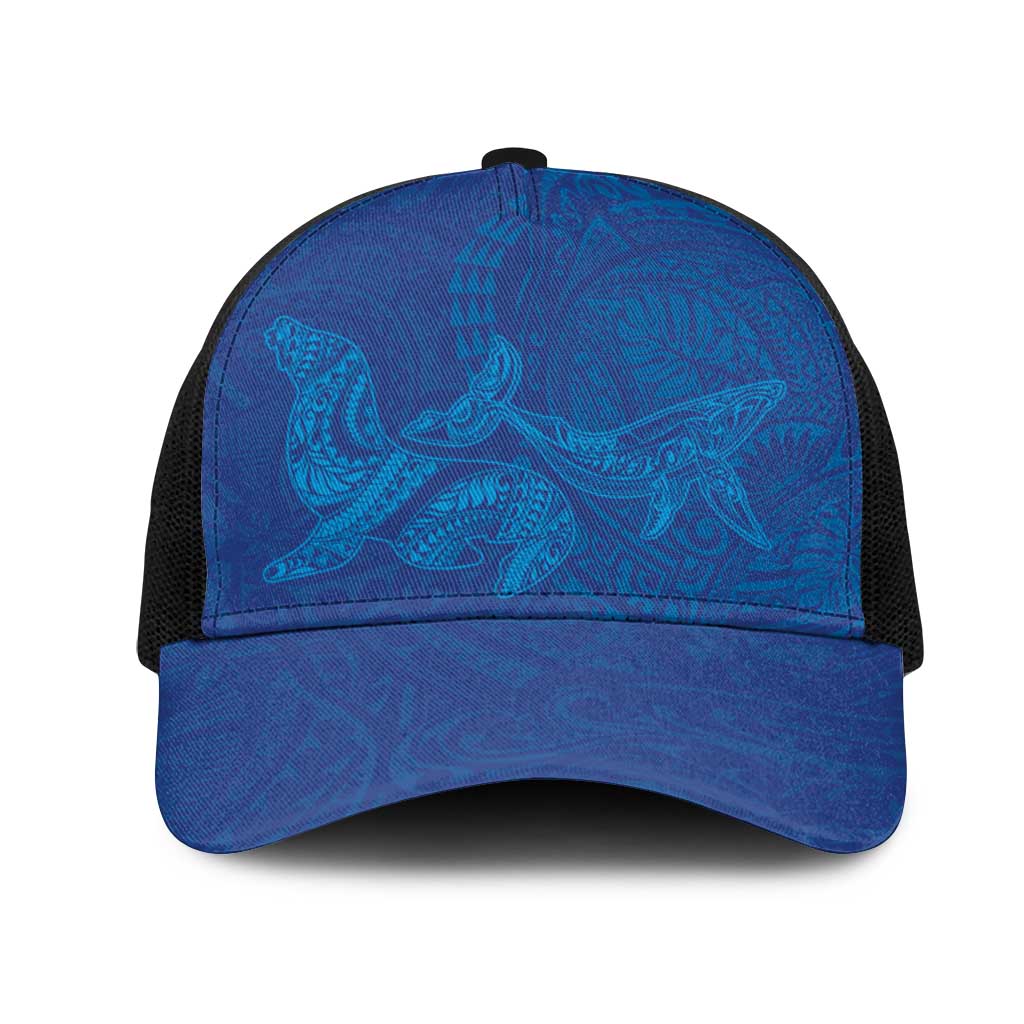 Hawaiian Monk Seal and Whale Mesh Trucker Cap Kakau Tribal Pattern Blue Color