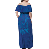 Hawaiian Monk Seal and Whale Off Shoulder Maxi Dress Kakau Tribal Pattern Blue Color