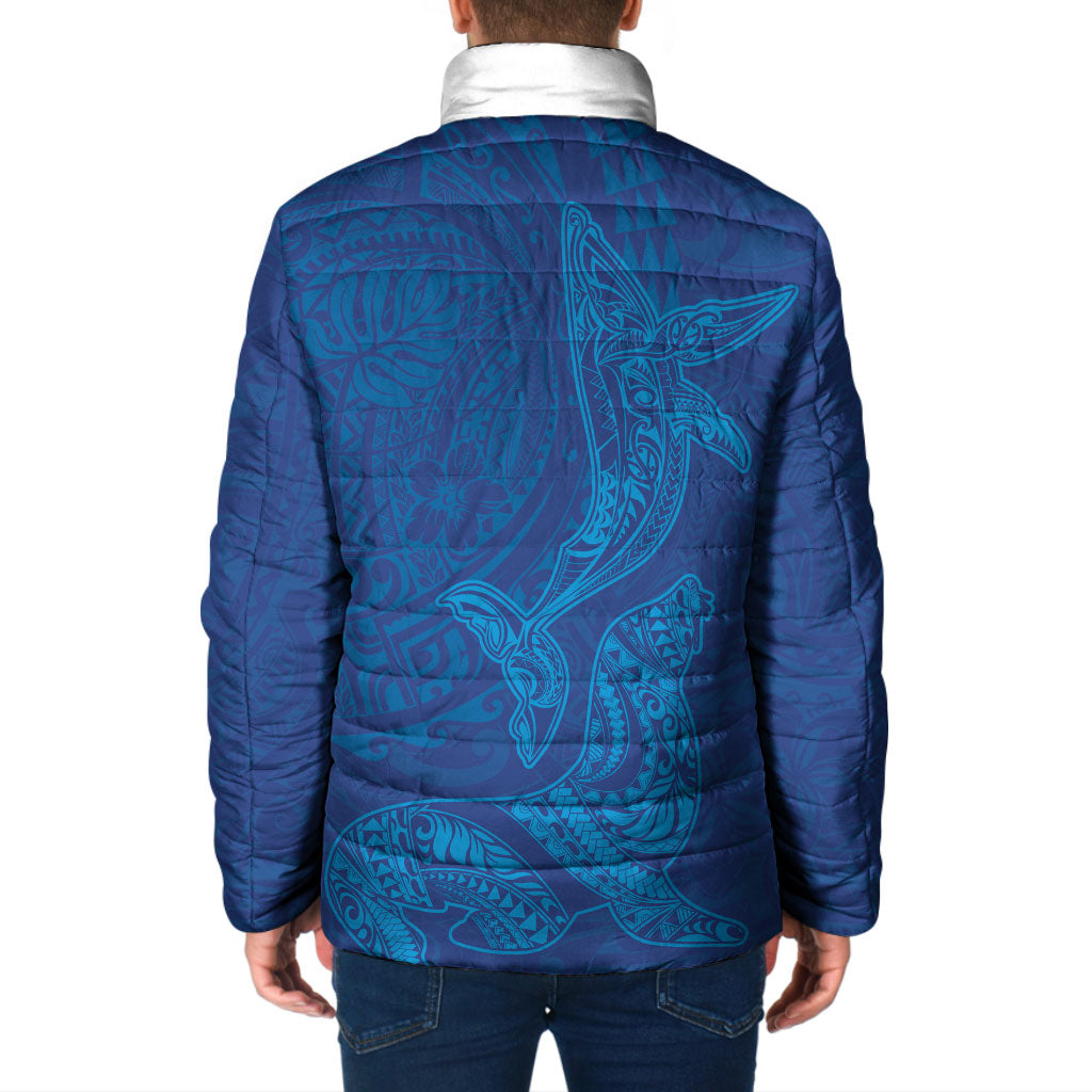 Hawaiian Monk Seal and Whale Padded Jacket Kakau Tribal Pattern Blue Color