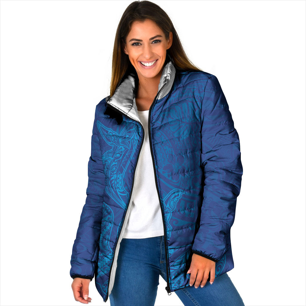 Hawaiian Monk Seal and Whale Padded Jacket Kakau Tribal Pattern Blue Color