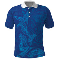 Hawaiian Monk Seal and Whale Polo Shirt Kakau Tribal Pattern Blue Color