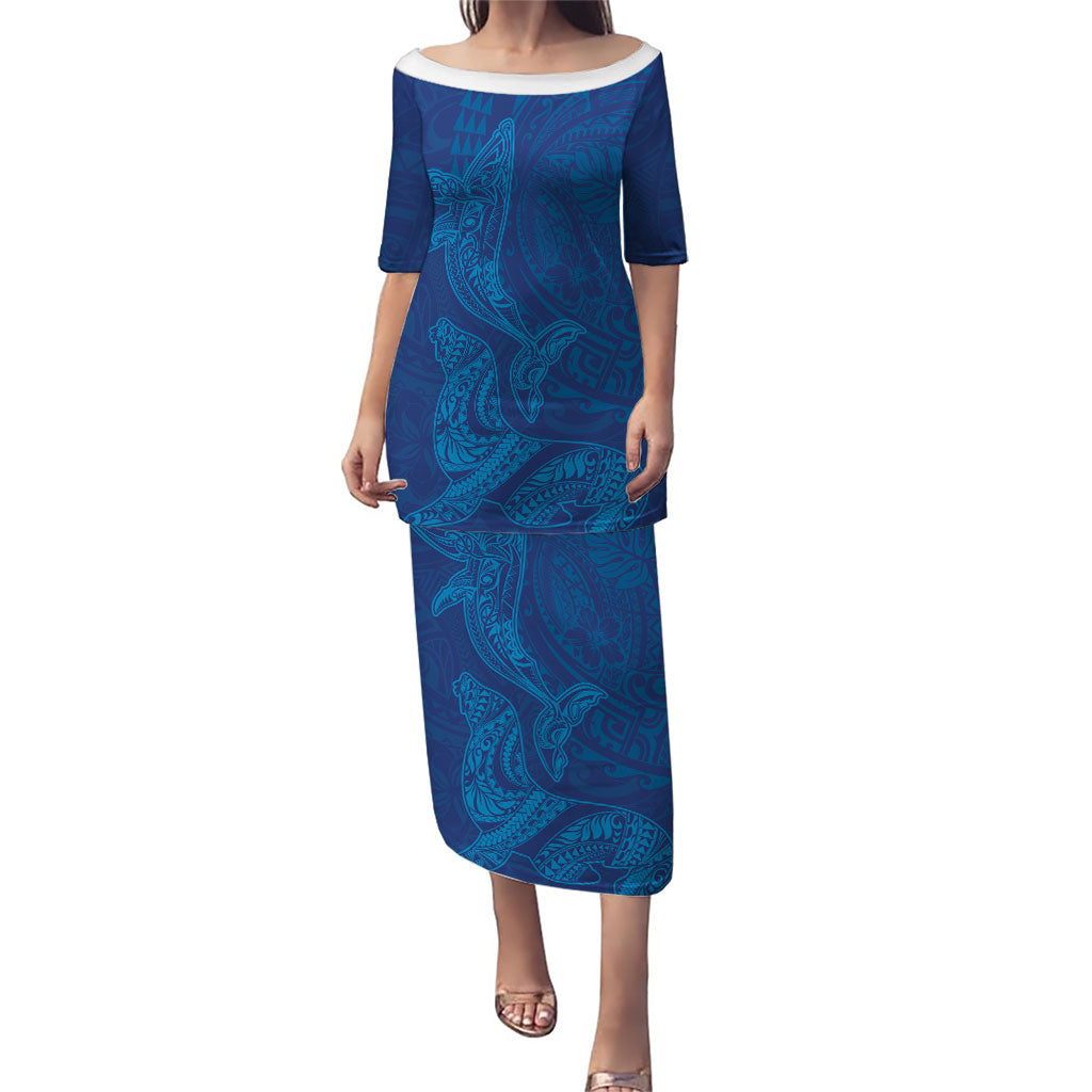 Hawaiian Monk Seal and Whale Puletasi Kakau Tribal Pattern Blue Color