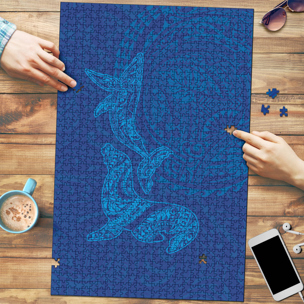 Hawaiian Monk Seal and Whale Puzzle Kakau Tribal Pattern Blue Color