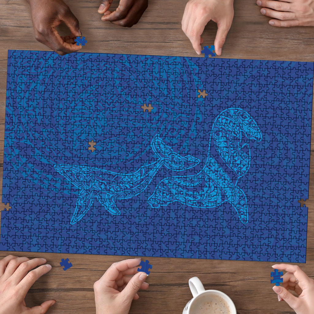 Hawaiian Monk Seal and Whale Puzzle Kakau Tribal Pattern Blue Color