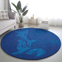 Hawaiian Monk Seal and Whale Round Carpet Kakau Tribal Pattern Blue Color