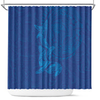Hawaiian Monk Seal and Whale Shower Curtain Kakau Tribal Pattern Blue Color