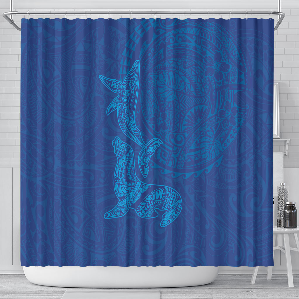 Hawaiian Monk Seal and Whale Shower Curtain Kakau Tribal Pattern Blue Color