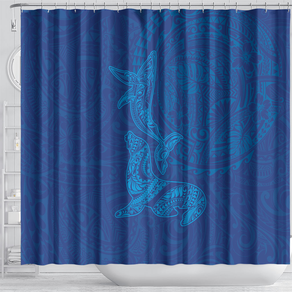 Hawaiian Monk Seal and Whale Shower Curtain Kakau Tribal Pattern Blue Color