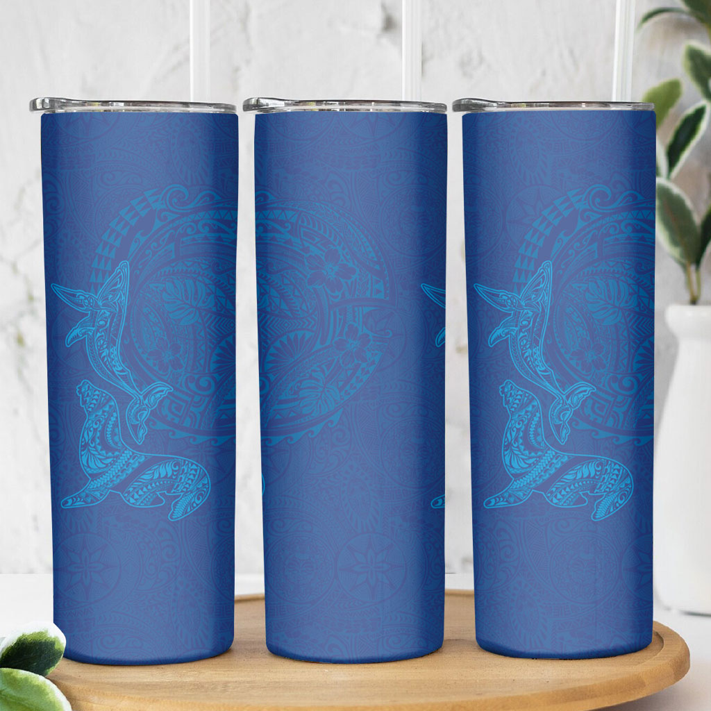 Hawaiian Monk Seal and Whale Skinny Tumbler Kakau Tribal Pattern Blue Color LT03 - Polynesian Pride