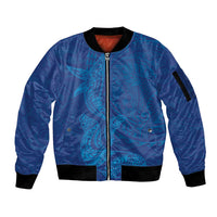 Hawaiian Monk Seal and Whale Sleeve Zip Bomber Jacket Kakau Tribal Pattern Blue Color