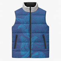 Hawaiian Monk Seal and Whale Sleeveless Puffer Jacket Kakau Tribal Pattern Blue Color