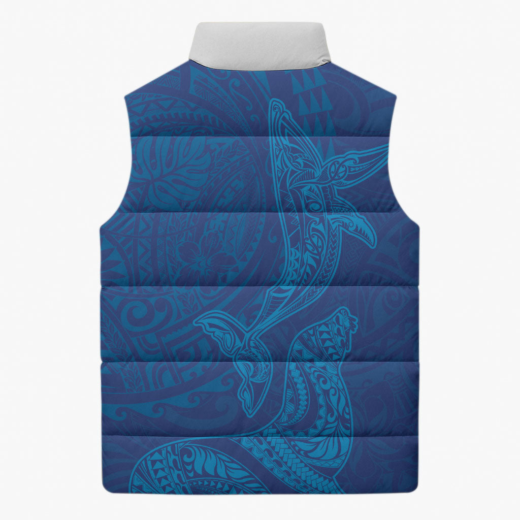Hawaiian Monk Seal and Whale Sleeveless Puffer Jacket Kakau Tribal Pattern Blue Color