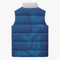 Hawaiian Monk Seal and Whale Sleeveless Puffer Jacket Kakau Tribal Pattern Blue Color