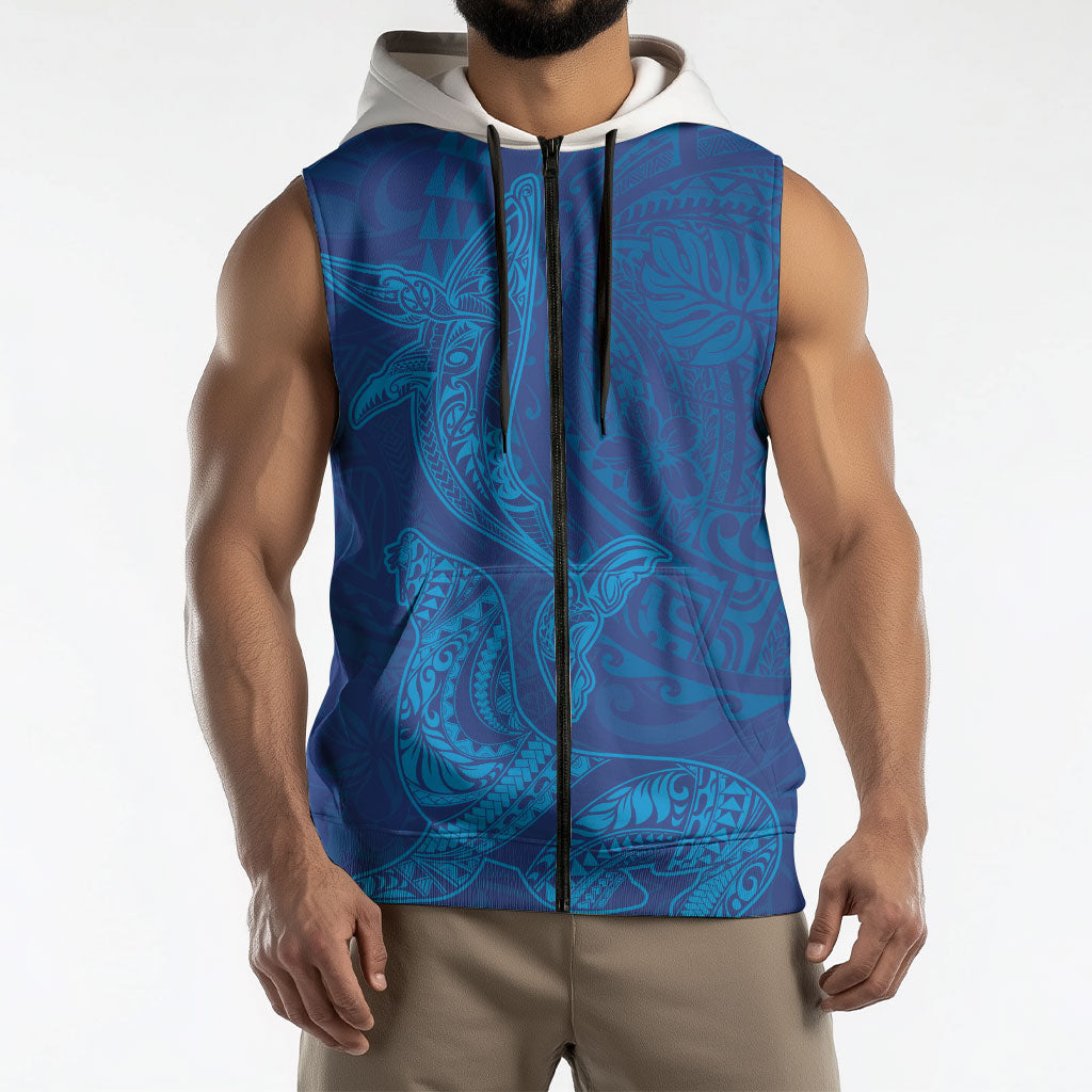 Hawaiian Monk Seal and Whale Sleeveless Zip Hoodie Kakau Tribal Pattern Blue Color