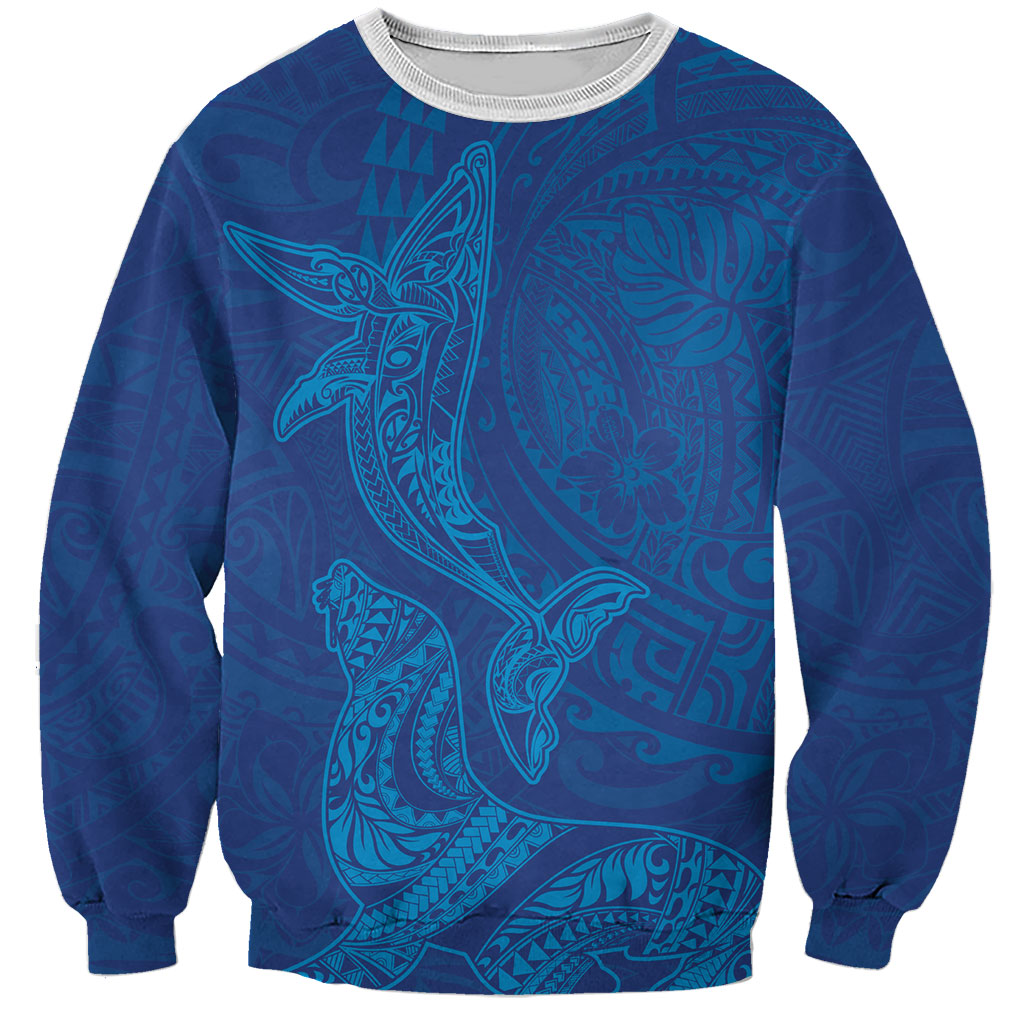 Hawaiian Monk Seal and Whale Sweatshirt Kakau Tribal Pattern Blue Color