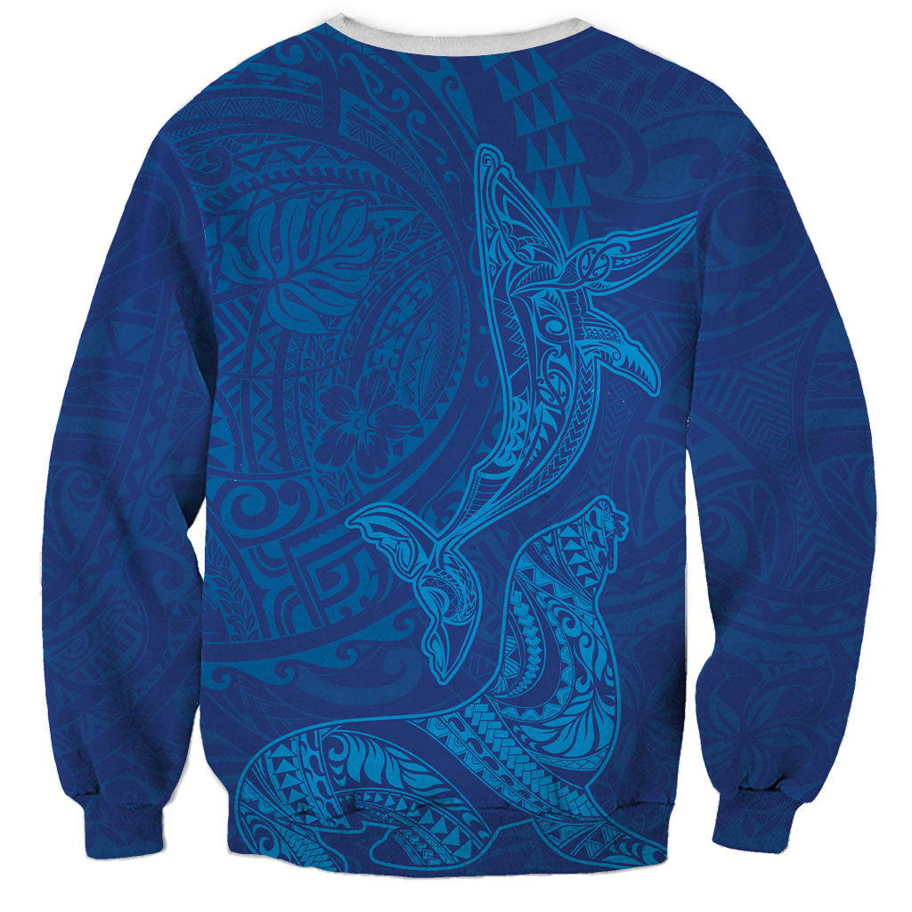 Hawaiian Monk Seal and Whale Sweatshirt Kakau Tribal Pattern Blue Color