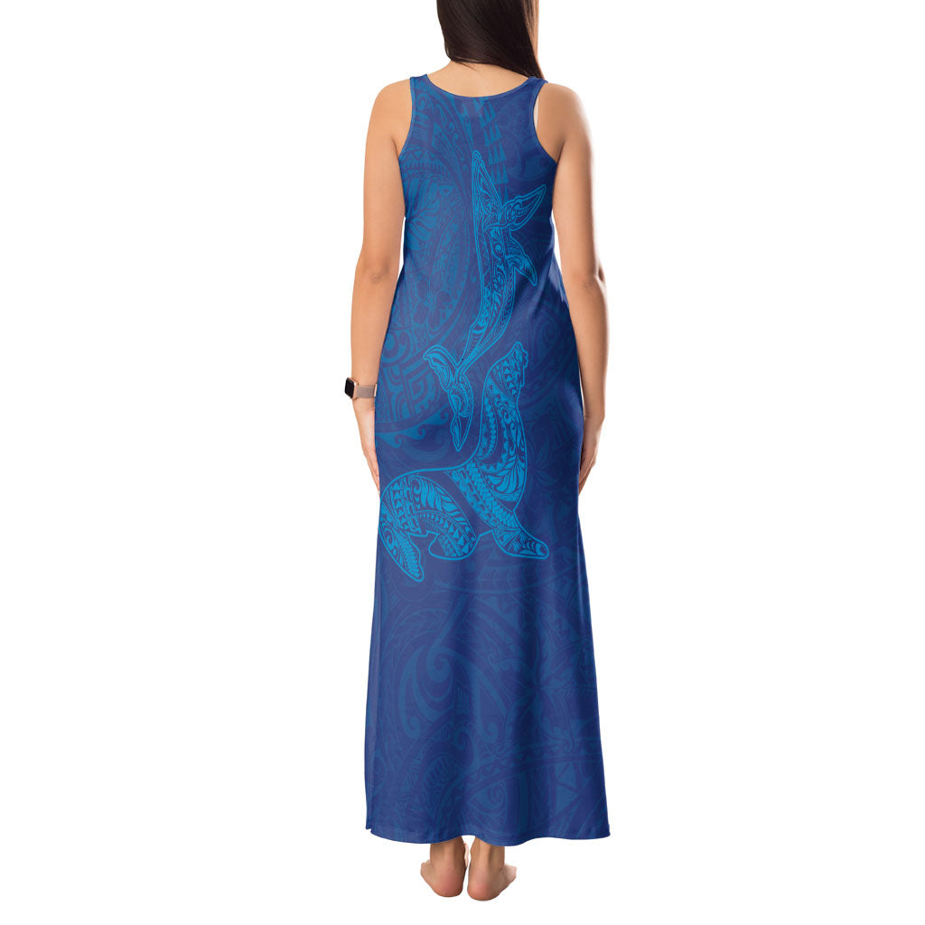 Hawaiian Monk Seal and Whale Tank Maxi Dress Kakau Tribal Pattern Blue Color