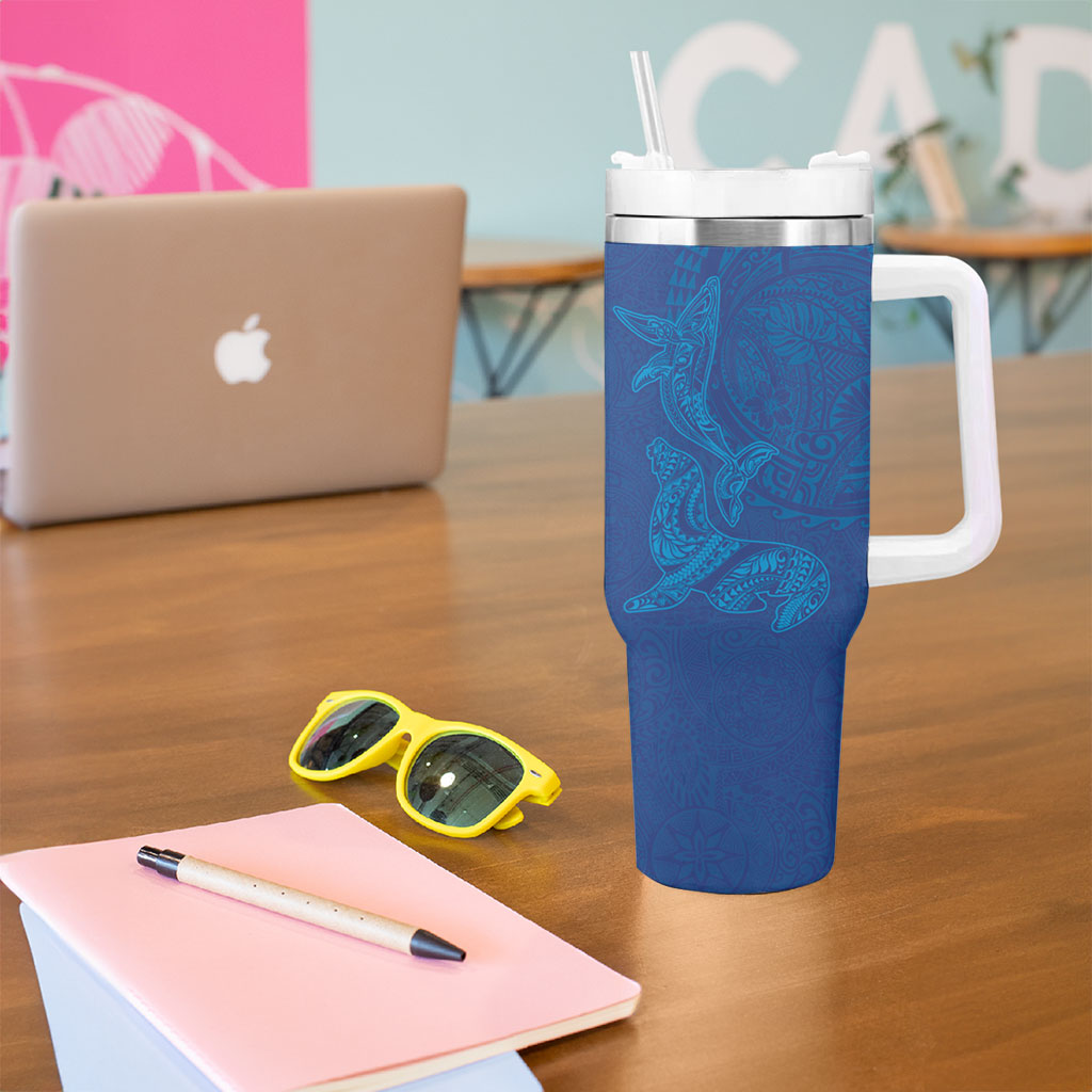 Hawaiian Monk Seal and Whale Tumbler With Handle Kakau Tribal Pattern Blue Color