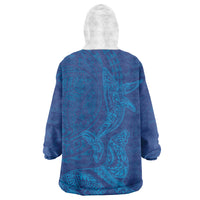 Hawaiian Monk Seal and Whale Wearable Blanket Hoodie Kakau Tribal Pattern Blue Color LT03 - Polynesian Pride