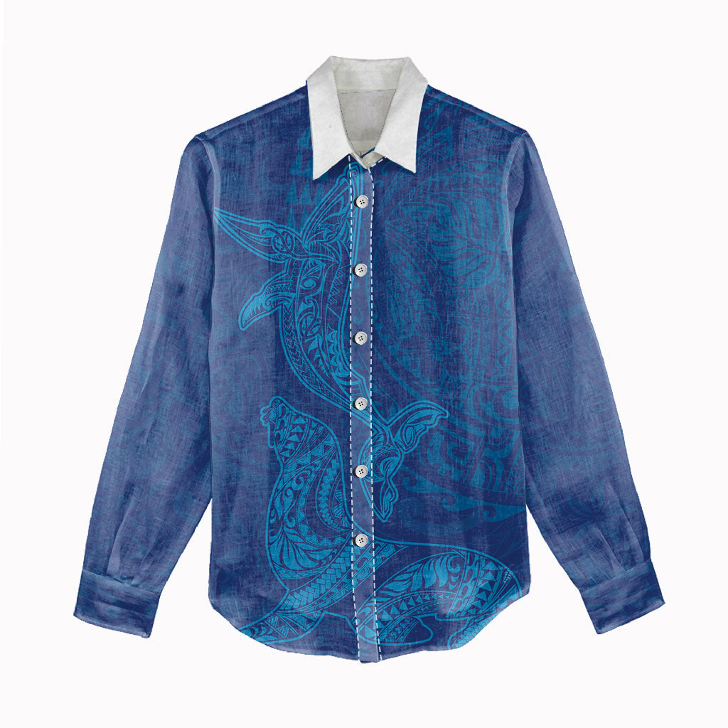 Hawaiian Monk Seal and Whale Women Casual Shirt Kakau Tribal Pattern Blue Color LT03 - Polynesian Pride