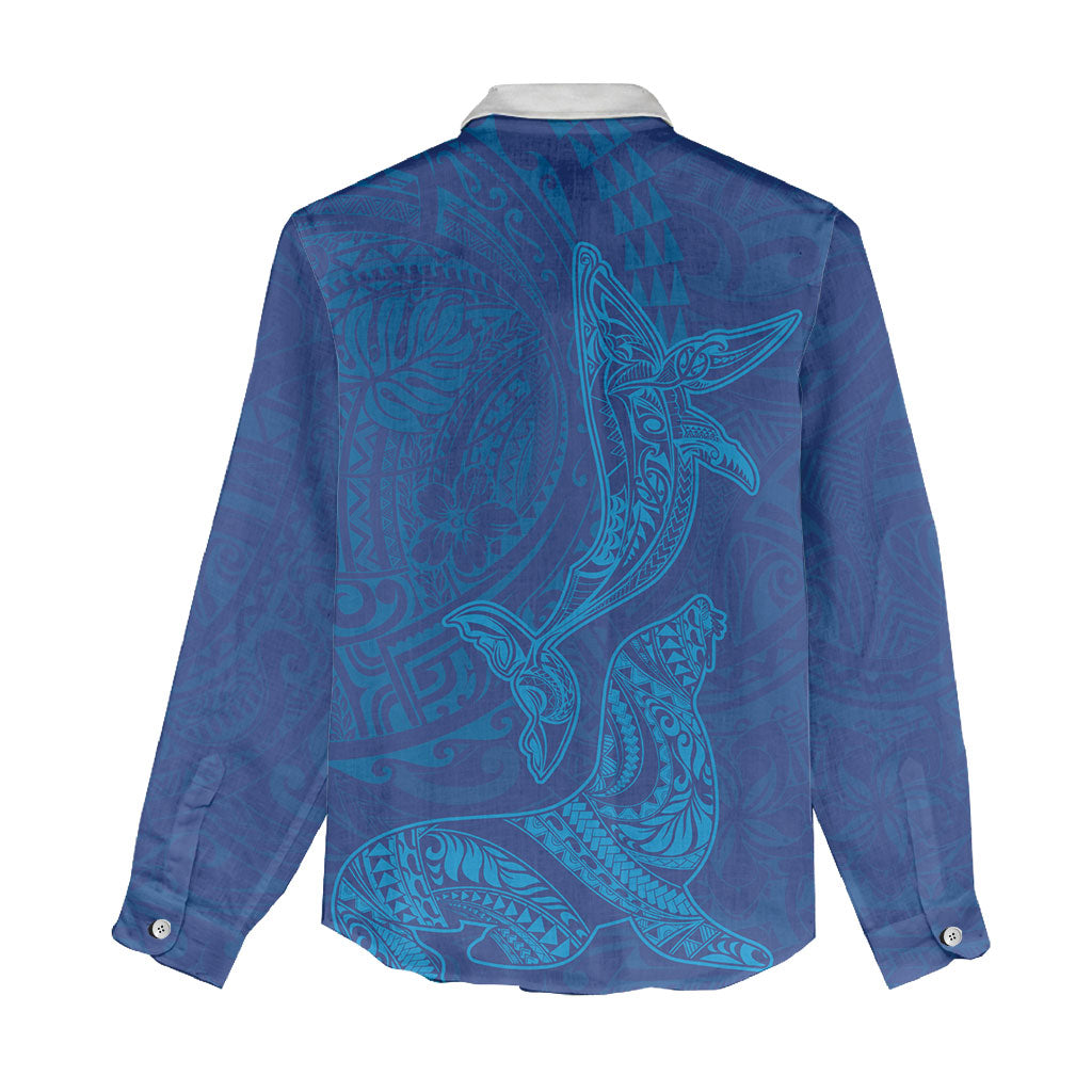 Hawaiian Monk Seal and Whale Women Casual Shirt Kakau Tribal Pattern Blue Color LT03 - Polynesian Pride
