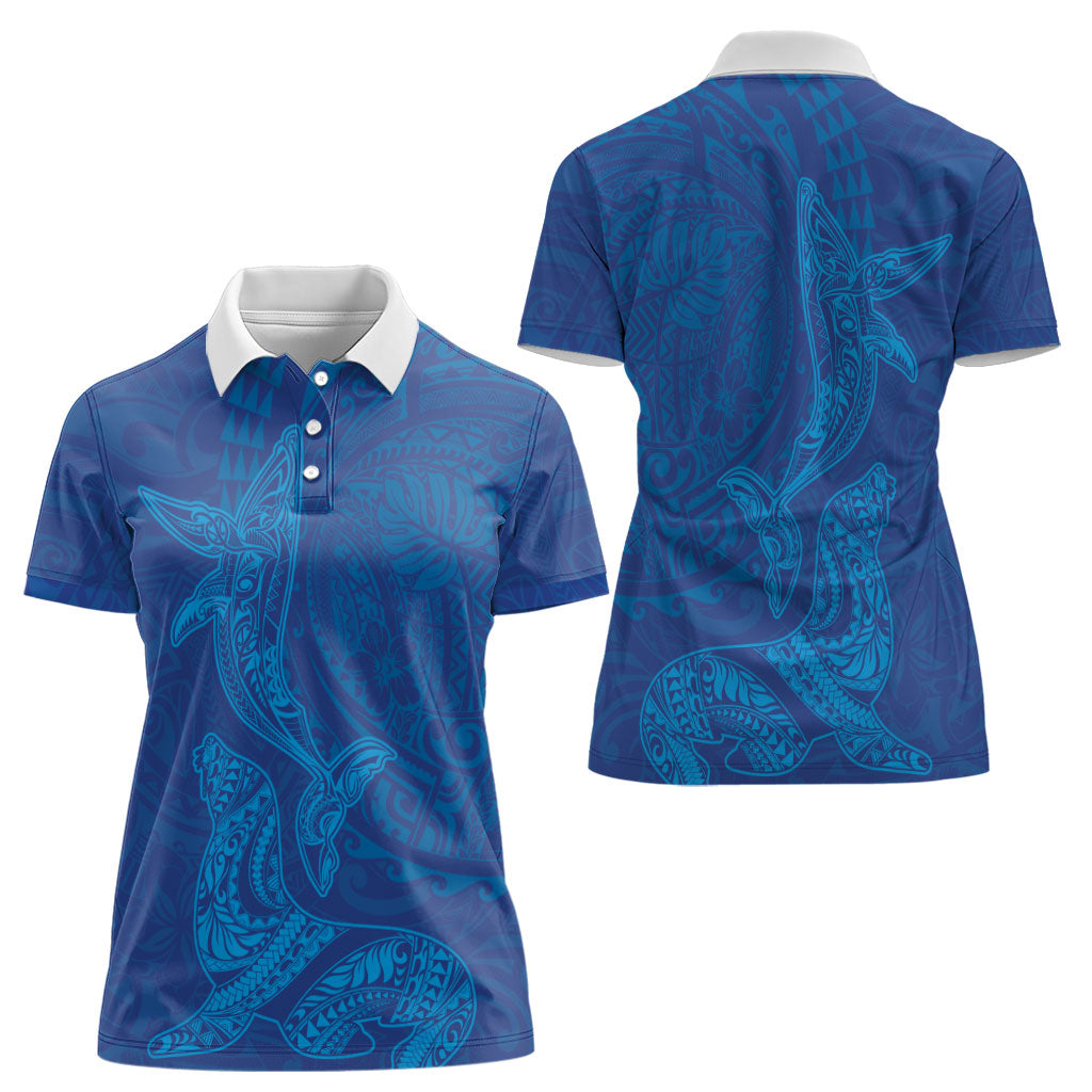 Hawaiian Monk Seal and Whale Women Polo Shirt Kakau Tribal Pattern Blue Color LT03 - Polynesian Pride