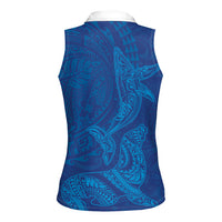 Hawaiian Monk Seal and Whale Women Sleeveless Polo Shirt Kakau Tribal Pattern Blue Color LT03 - Polynesian Pride