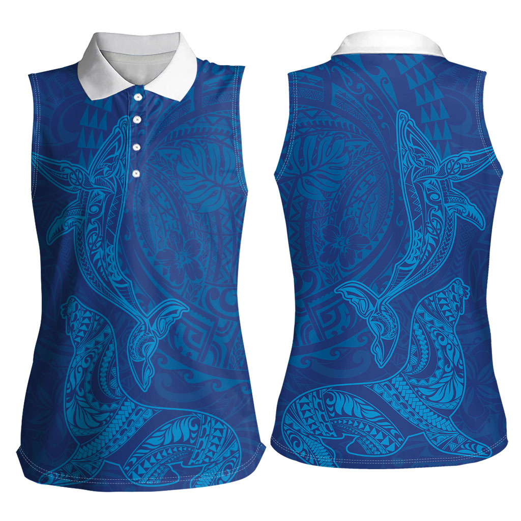 Hawaiian Monk Seal and Whale Women Sleeveless Polo Shirt Kakau Tribal Pattern Blue Color LT03 - Polynesian Pride