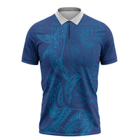 Hawaiian Monk Seal and Whale Zipper Polo Shirt Kakau Tribal Pattern Blue Color