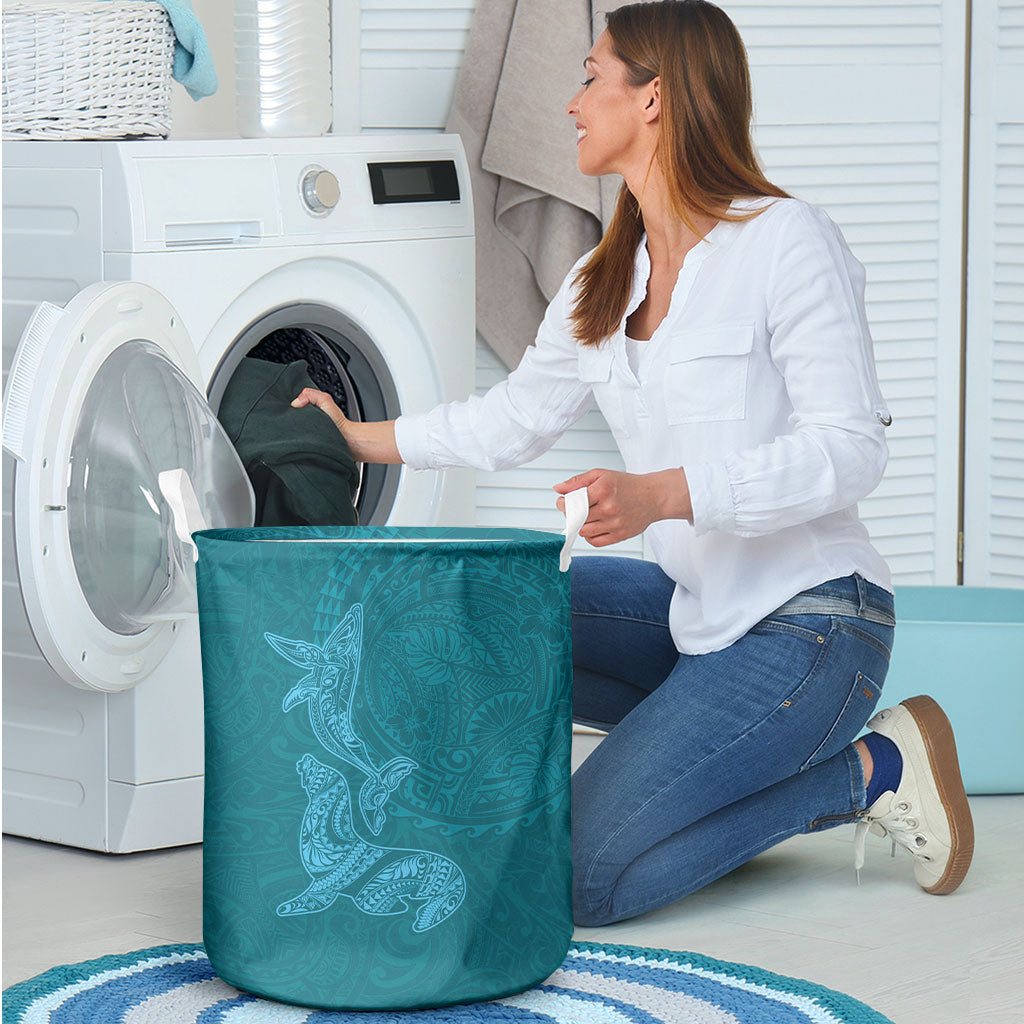 Hawaiian Monk Seal and Whale Laundry Basket Kakau Tribal Pattern Teal Color LT03 - Polynesian Pride