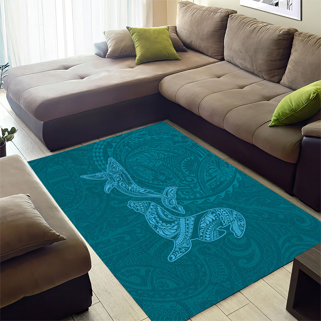Hawaiian Monk Seal and Whale Area Rug Kakau Tribal Pattern Teal Color