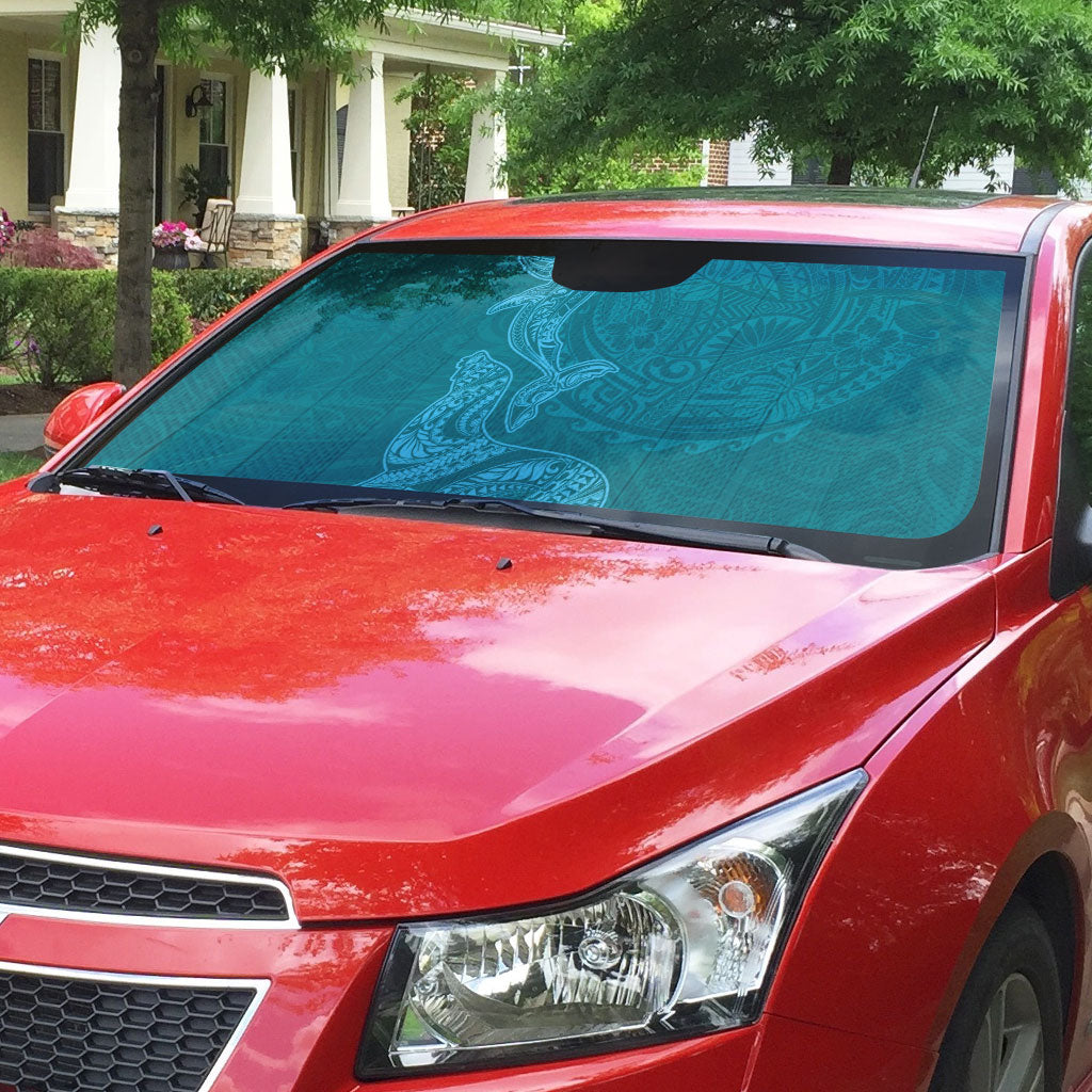 Hawaiian Monk Seal and Whale Auto Sun Shade Kakau Tribal Pattern Teal Color