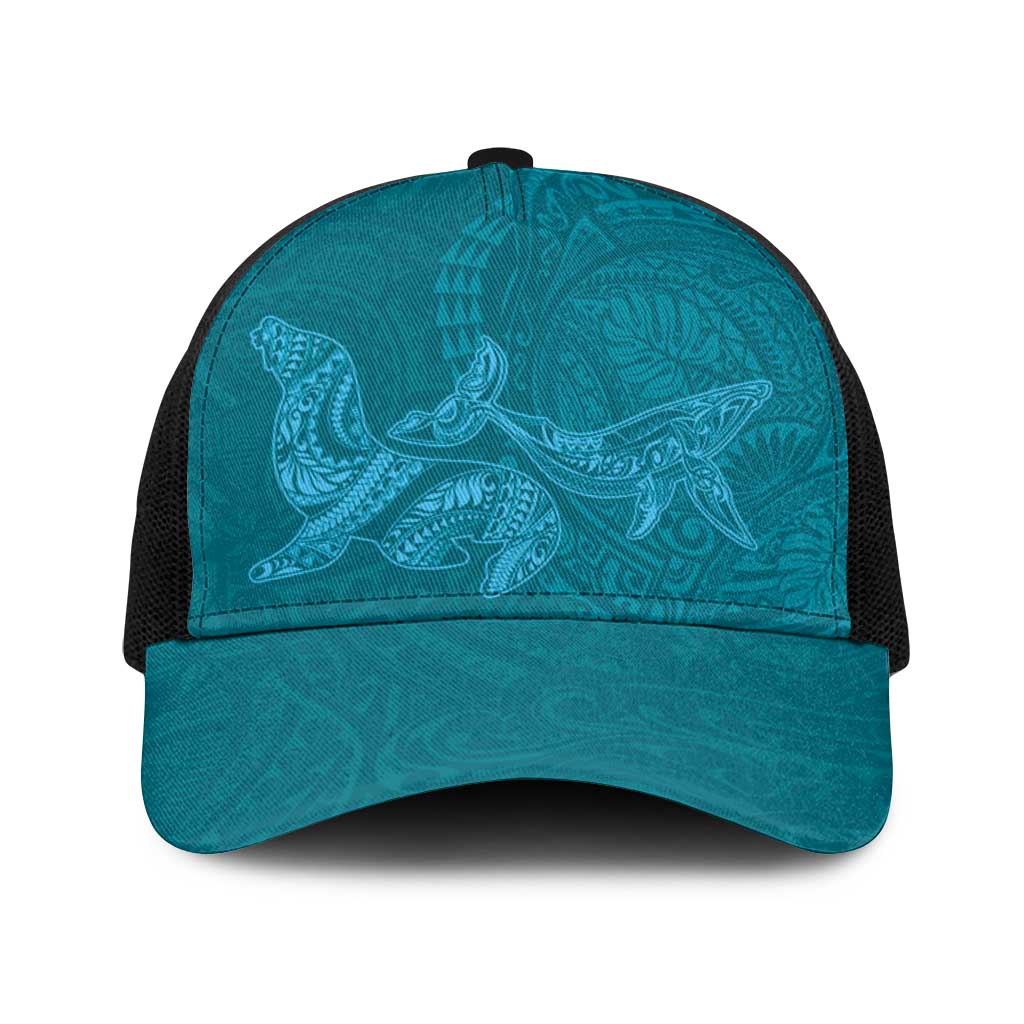 Hawaiian Monk Seal and Whale Baseball Net Cap Kakau Tribal Pattern Teal Color LT03 One Size Black Teal - Polynesian Pride