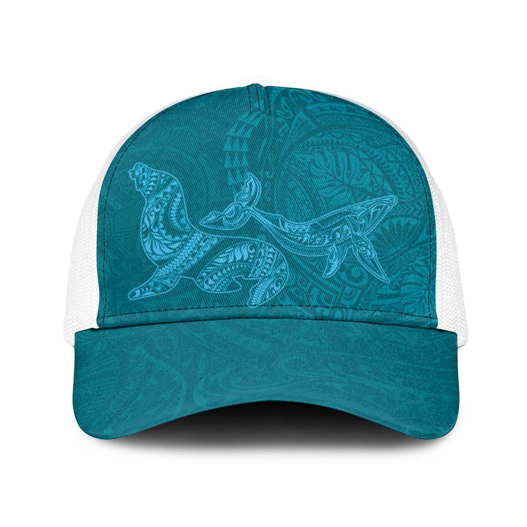 Hawaiian Monk Seal and Whale Baseball Net Cap Kakau Tribal Pattern Teal Color