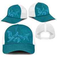 Hawaiian Monk Seal and Whale Baseball Net Cap Kakau Tribal Pattern Teal Color