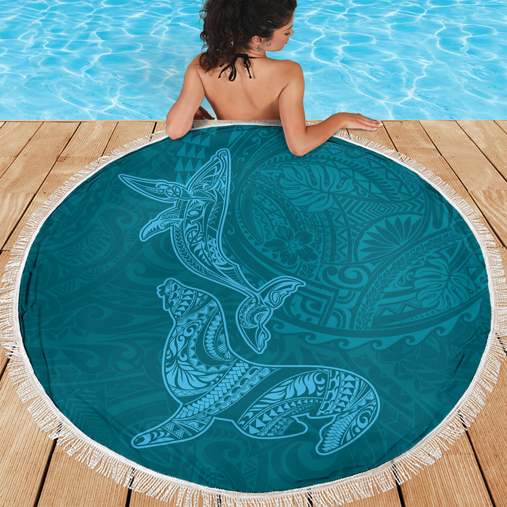 Hawaiian Monk Seal and Whale Beach Blanket Kakau Tribal Pattern Teal Color