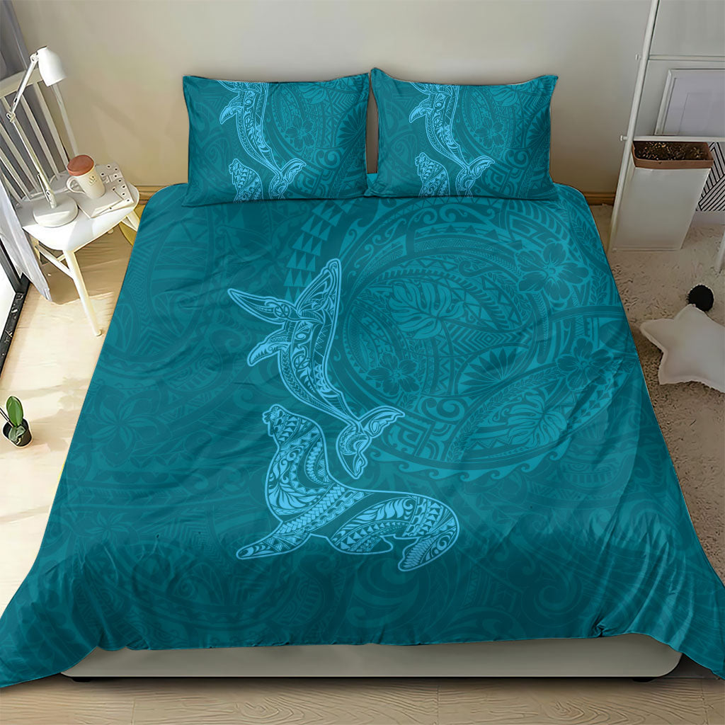 Hawaiian Monk Seal and Whale Bedding Set Kakau Tribal Pattern Teal Color