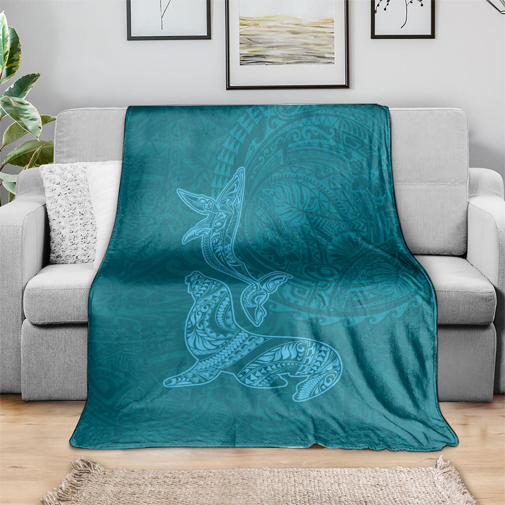 Hawaiian Monk Seal and Whale Blanket Kakau Tribal Pattern Teal Color