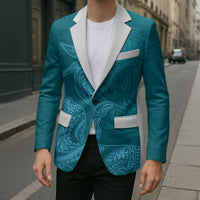 Hawaiian Monk Seal and Whale Blazer Kakau Tribal Pattern Teal Color