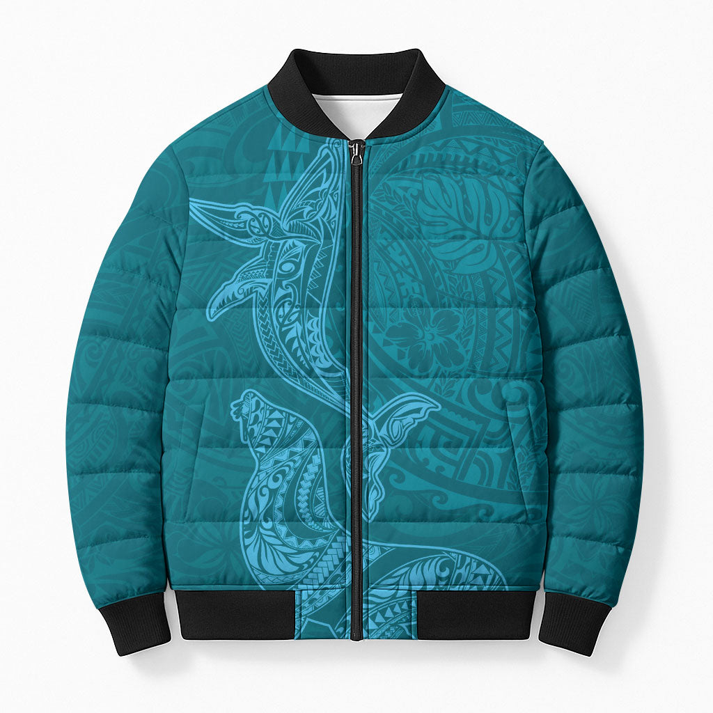 Hawaiian Monk Seal and Whale Bomber Puffer Jacket Kakau Tribal Pattern Teal Color