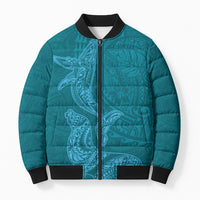 Hawaiian Monk Seal and Whale Bomber Puffer Jacket Kakau Tribal Pattern Teal Color