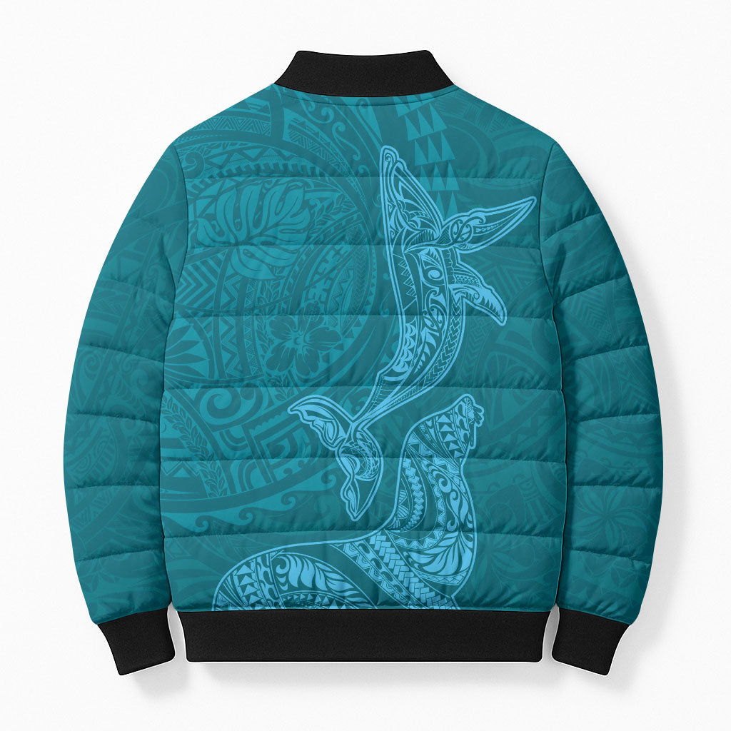 Hawaiian Monk Seal and Whale Bomber Puffer Jacket Kakau Tribal Pattern Teal Color