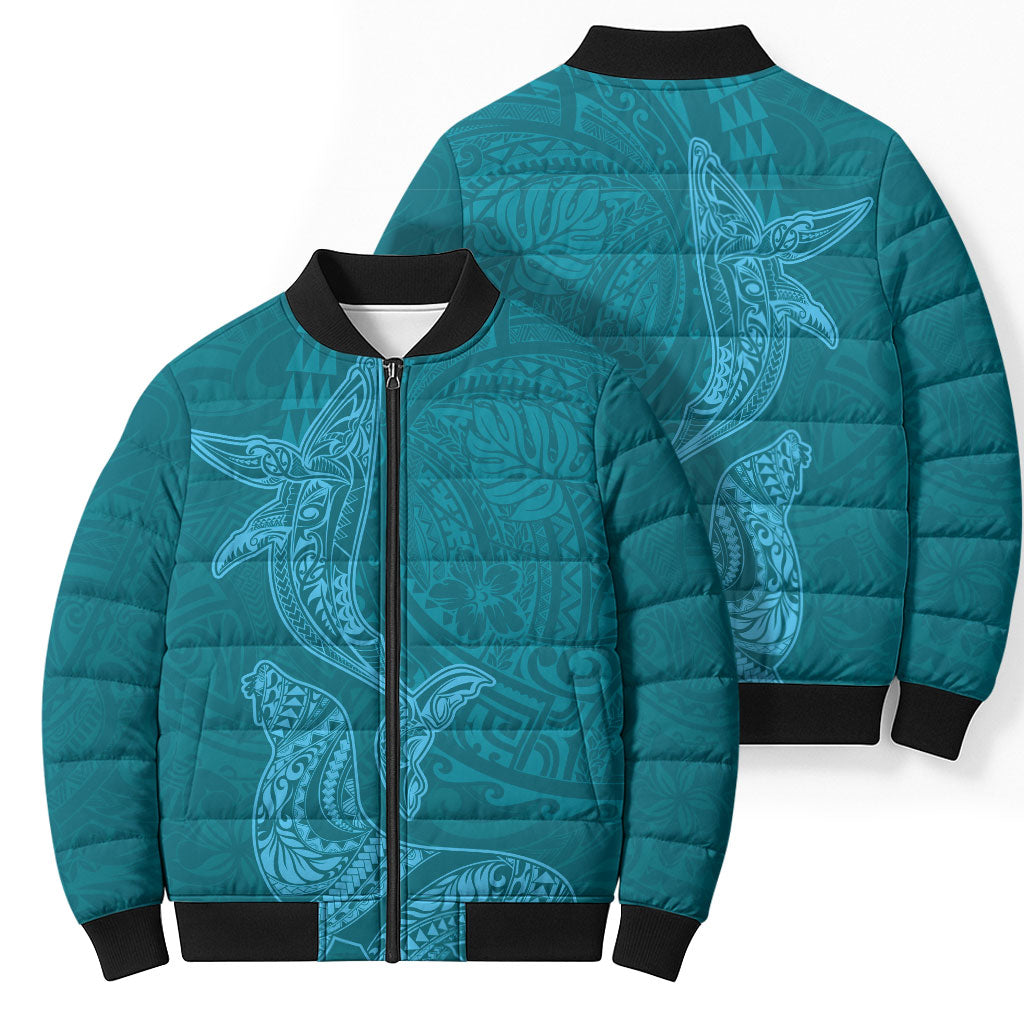Hawaiian Monk Seal and Whale Bomber Puffer Jacket Kakau Tribal Pattern Teal Color