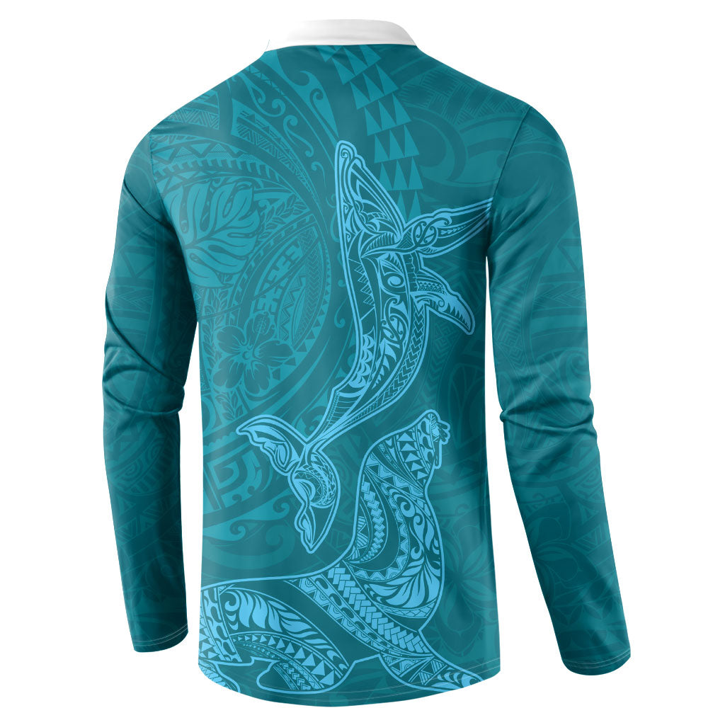 Hawaiian Monk Seal and Whale Button Sweatshirt Kakau Tribal Pattern Teal Color