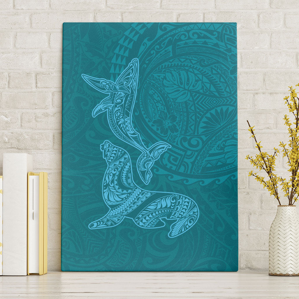 Hawaiian Monk Seal and Whale Canvas Wall Art Kakau Tribal Pattern Teal Color LT03 Without Frame Teal - Polynesian Pride