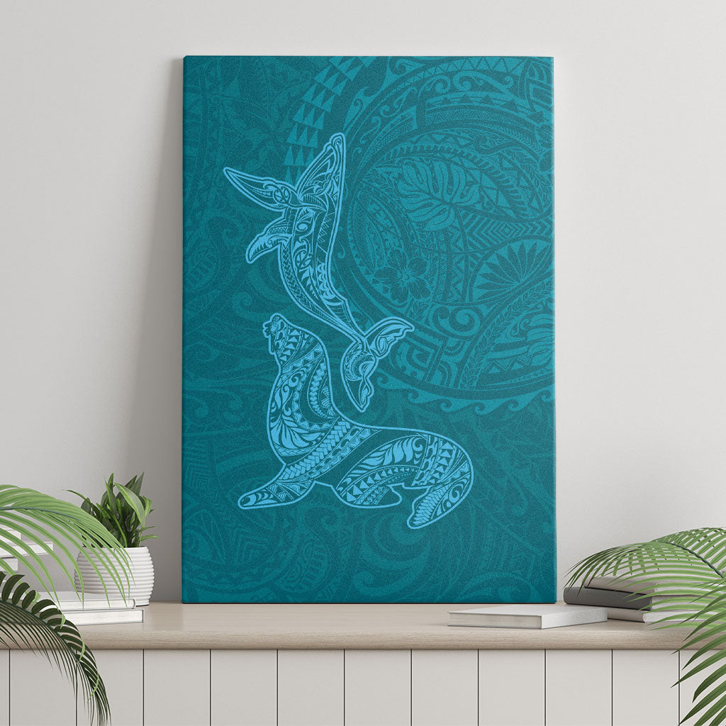 Hawaiian Monk Seal and Whale Canvas Wall Art Kakau Tribal Pattern Teal Color LT03 - Polynesian Pride