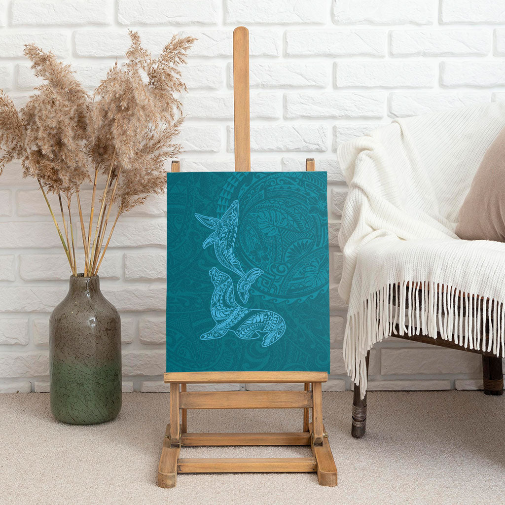 Hawaiian Monk Seal and Whale Canvas Wall Art Kakau Tribal Pattern Teal Color LT03 - Polynesian Pride