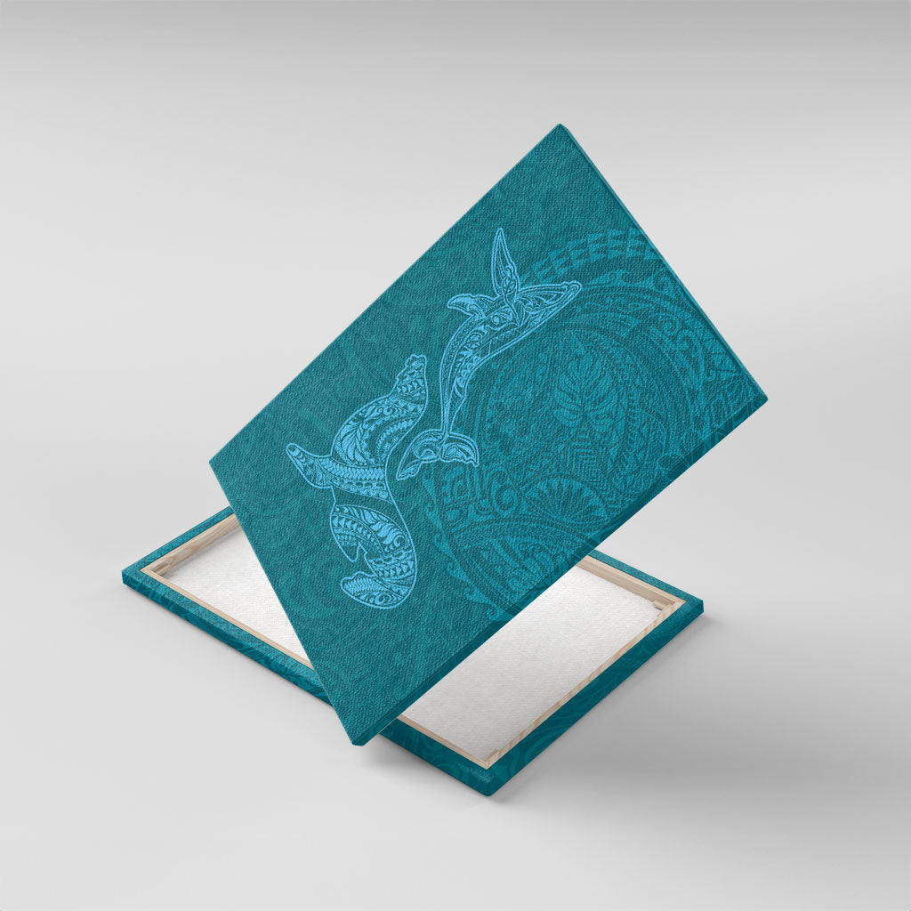 Hawaiian Monk Seal and Whale Canvas Wall Art Kakau Tribal Pattern Teal Color LT03 With Frame Teal - Polynesian Pride